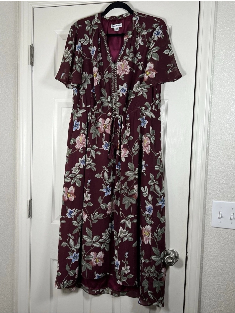Tommy Bahama Painted Petal Midi Floral Dress Meritage Wine Medium Pockets/Tie